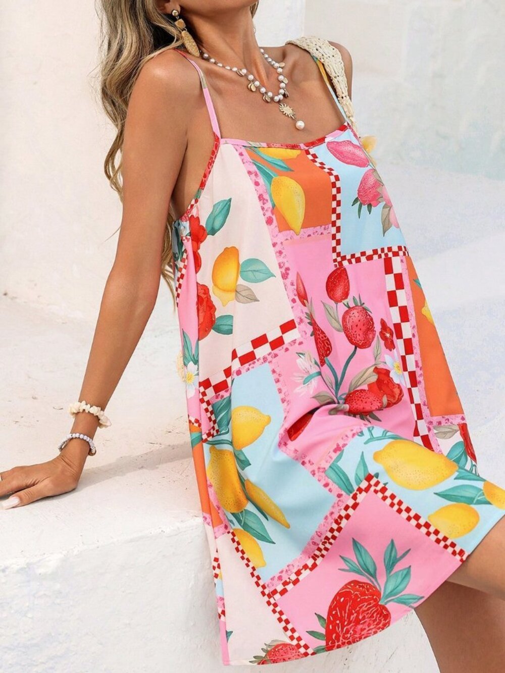 Multicolor Casual Women's fruist print a-line Mini Dress - Picture 7 of 8